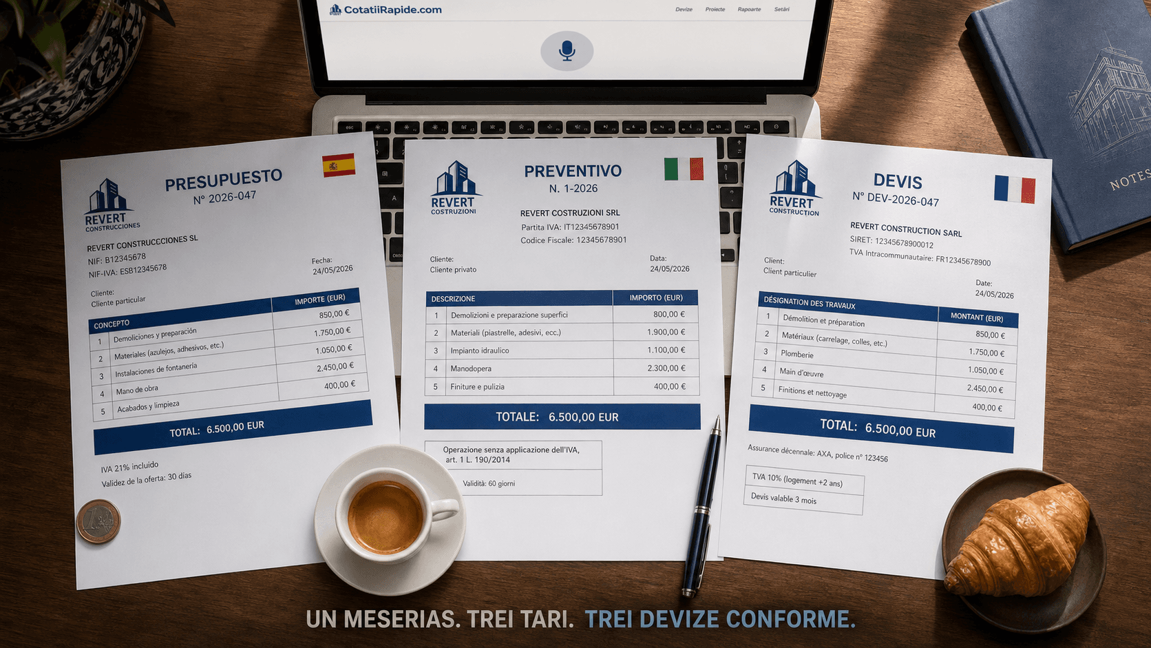 Trei devize în spaniolă, italiană și franceză aliniate pe birou — un meseriaș, trei țări, trei formate legale