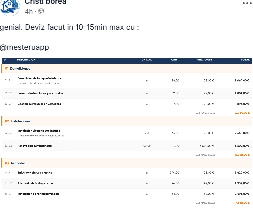Postare pe Facebook de la Cristi Borea: „genial. Deviz facut in 10-15min max cu : @mesteruapp" — urmată de captura devizului, un tabel pe secțiuni (Demoliciones, Instalaciones, Acabados) cu cantități, prețuri unitare și subtotaluri în euro.
